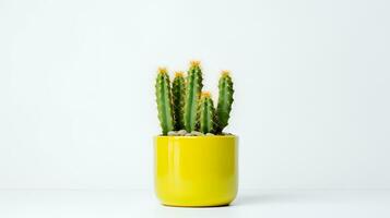 Photo of Prickly pear in minimalist yellow pot as houseplant for home decoration isolated on white background. Generative AI