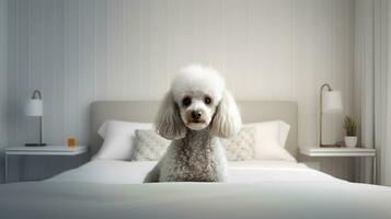 Poodle dog lying on bed in hotel with contemporary interior design. Generative AI photo