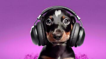 Photo of dachshund using headphone  on purple background. Generative AI