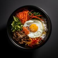 Photo of Bibimbap on dark bowl isolated on black background. Created by