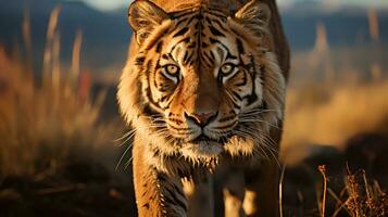Photo of tiger on savanna at sunset. Generative AI