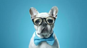 Photo of haughty Bulldog using glasses  and office suit on white background. Generative AI
