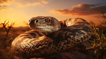 Photo of African Python on savanna at sunset. Generative AI