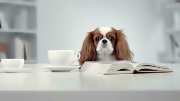 a cavalier dog sits studying accompanied by a cup and piles of books photo