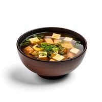 Food photography of Miso soup on black bowl isolated on white background. photo