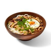 Food photography of Udon on brown bowl isolated on white background. photo
