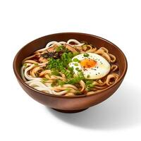 Food photography of Udon on brown bowl isolated on white background. Generative AI photo