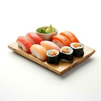 Food photography of Sushi on board isolated on white background. Generative AI photo