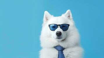 Photo of haughty samoyed dog using glasses  and office suit on white background. Generative AI