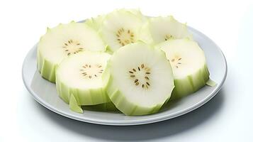 Photo of Kohlrabi slices on a plate isolated on white background