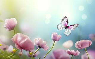 Fresco primavera Mañana en naturaleza y revoloteando mariposas en un suave verde antecedentes. generativo ai foto