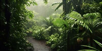 Rain falls in a rainforest with the rain drops. Generative AI photo