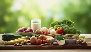 Closeup of vegetables, fruits, and meat on wooden table over green natural background. Generative AI photo