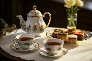 Classical served tea table with biscuits. Generative AI photo