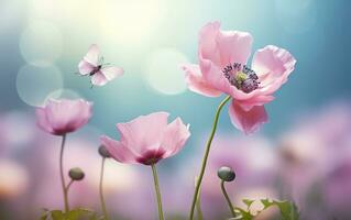 Fresh spring morning on nature and fluttering butterflies on a soft green background. Generative AI photo