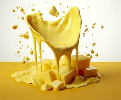 Cheese sauce splashing in the air with cheddar cheese, 3d rendering. Generative AI photo