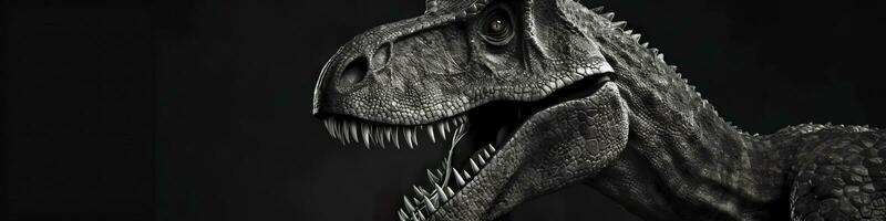 Black and white photorealistic studio portrait of a Tyrannosaurus Rex on black background. Generative AI photo