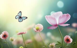 Fresco primavera Mañana en naturaleza y revoloteando mariposas en un suave verde antecedentes. generativo ai foto