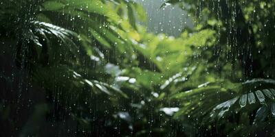 Rain falls in a rainforest with the rain drops. Generative AI photo