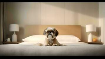 Shih tzu dog lying on bed in hotel with contemporary interior design. Generative AI photo