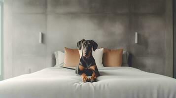 doberman dog lying on bed in hotel with contemporary interior design. Generative AI photo