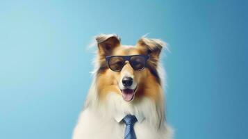 Photo of haughty rough collie dog using sunglasses  and office suit on white background. Generative AI