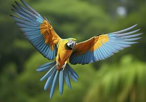 Flying macaw, beautiful bird. Generative AI photo