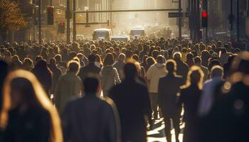 Crowd of people walking busy city street backlit. Generative AI photo