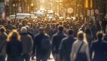 Crowd of people walking busy city street backlit. Generative AI photo