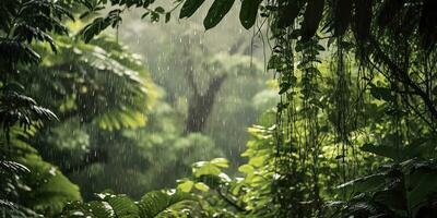 Rain falls in a rainforest with the rain drops. Generative AI photo