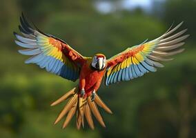 Flying macaw, beautiful bird. Generative AI photo