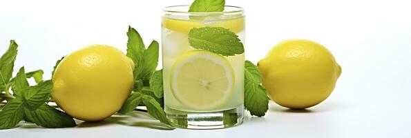 Lemonade in a glass with fresh lemons and mint. Cold summer drink with copy space. Generative AI photo