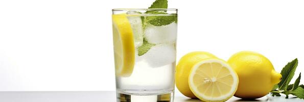 Lemonade in a glass with fresh lemons and mint. Cold summer drink with copy space. Generative AI photo