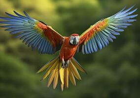 Flying macaw, beautiful bird. Generative AI photo
