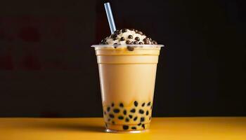 A bubble tea in a plastic cup. Generative AI photo