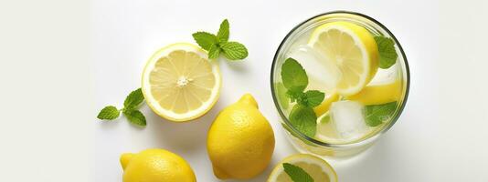 Lemonade in a glass with fresh lemons and mint. Cold summer drink with copy space. Generative AI photo