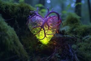 Glowing bioluminescent plant shaped like a human heart, in a mysterious forest. Generative AI photo