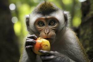 cerca arriba de mono comiendo Fruta en el selva. generativo ai foto