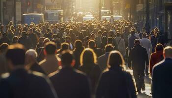 Crowd of people walking busy city street backlit. Generative AI photo