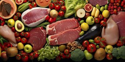 diferente tipos de carnes, verduras, y frutas laico en supermercados generativo ai foto