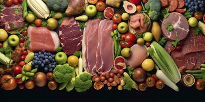 diferente tipos de carnes, verduras, y frutas laico en supermercados generativo ai foto