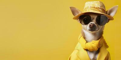 Cool looking Chihuahua dog wearing funky fashion dress. space for text right side. Generative AI photo