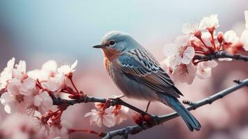 Birds sitting in a tree filled with cherry blossom flowers. Generative AI photo