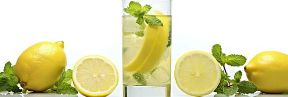 Lemonade in a glass with fresh lemons and mint. Cold summer drink with copy space. Generative AI photo