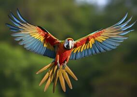 volador guacamayo, hermosa pájaro. generativo ai foto