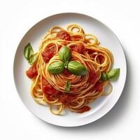 Delicious Plate of Spaghetti with Tomato Sauce on a White Background Generative AI photo