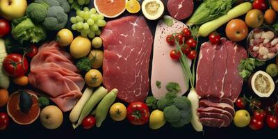 diferente tipos de carnes, verduras, y frutas laico en supermercados generativo ai foto