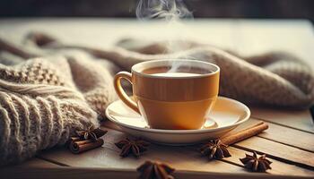 Cup of Steaming Tea Coffee, Knitted Blanket, and Cinnamon Anise. Generative AI photo