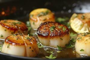 Closeup of pan seared diver scallops with lemon beurre blanc. Generative AI photo
