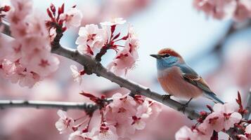 Birds sitting in a tree filled with cherry blossom flowers. Generative AI photo